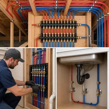 Whole house PEX repipe service in San Jose with modern red and blue piping system